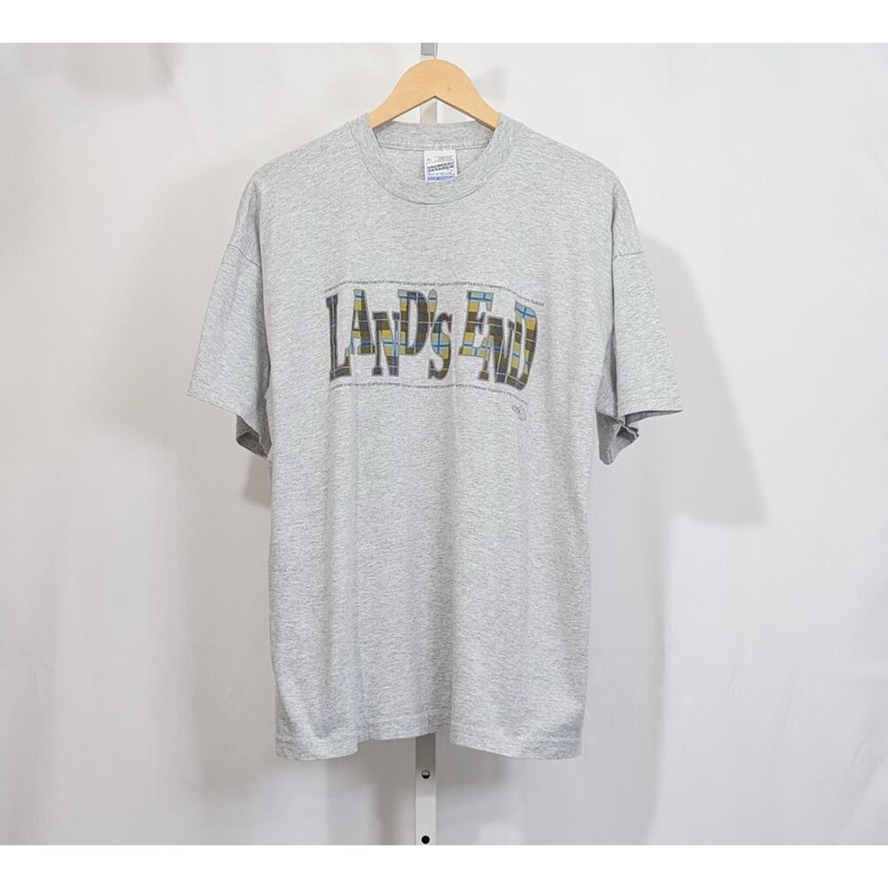 Vintage 90s Shirt Lands End Cornish Tartan Gray Single Stitch Men's Size XL